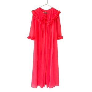 Vintage 60’s Peignoir Chiffon Robe Hot Coral Pink Ruffles Size Small ILGWU Union